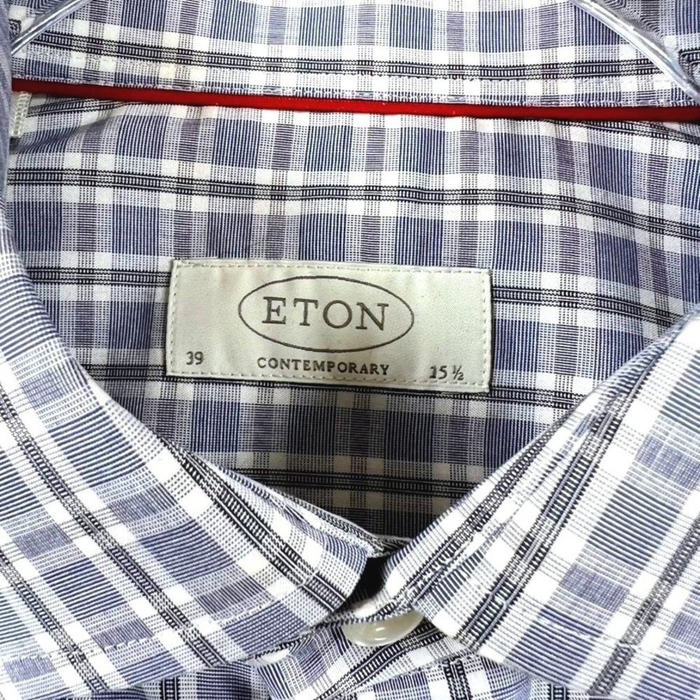 Eton Contemporary Fit Dress Shirt Mens 15.5 39 M Blue White Plaid Cotton L/S
